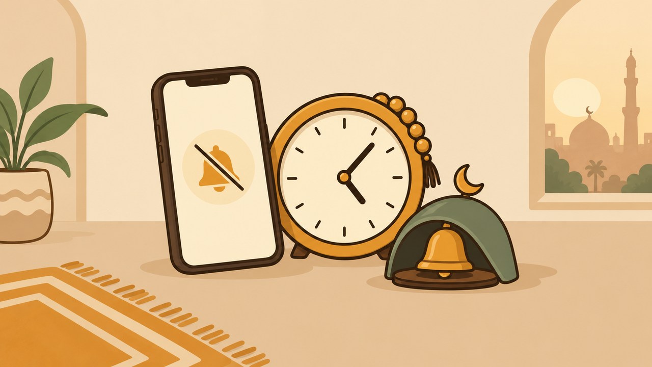 A phone, clock and covered bell representing a quieter prayer routine.