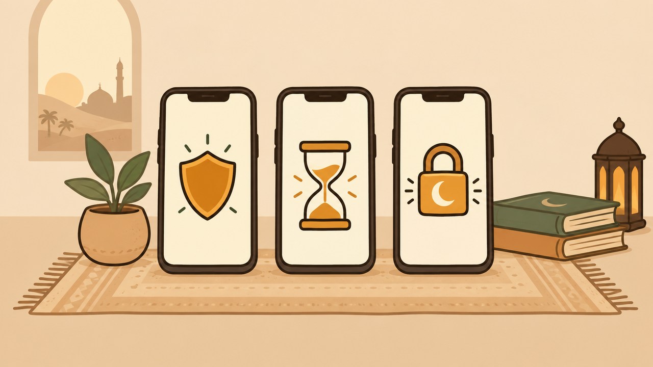 Three phones paired with a shield, hourglass and crescent padlock.