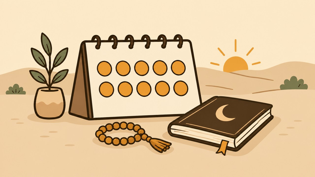 A calendar of ten golden days beside a book and prayer beads.