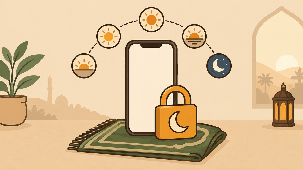 A phone and crescent padlock beside a folded prayer rug.