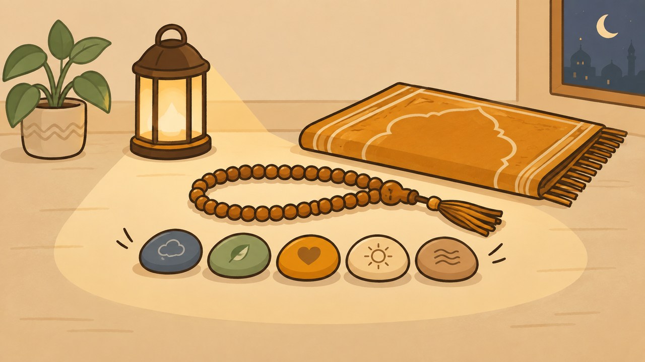 Colorful pebbles settling beside prayer beads and a folded rug.