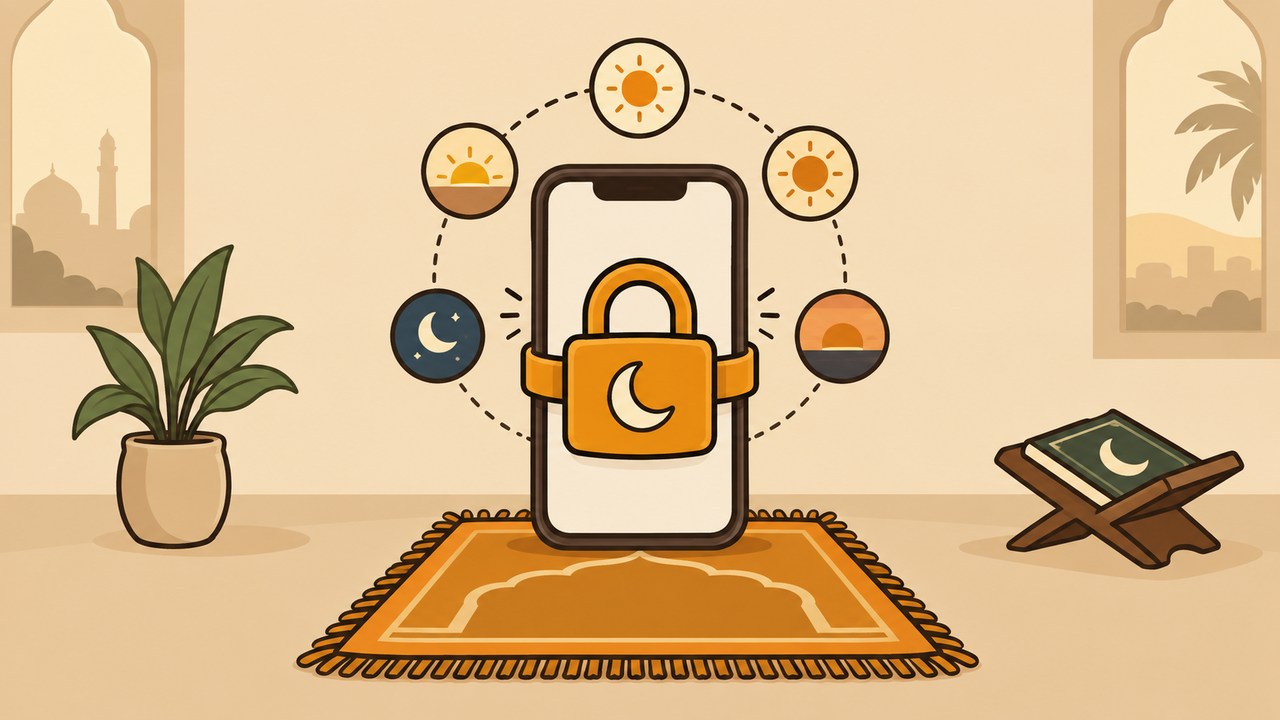 A crescent padlock securing a phone through the five prayer windows.