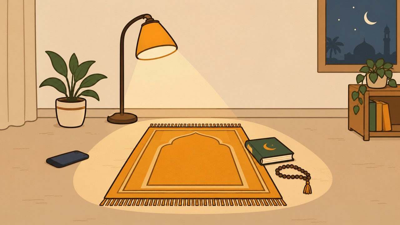 A lamp lighting a prayer rug, book and prayer beads.
