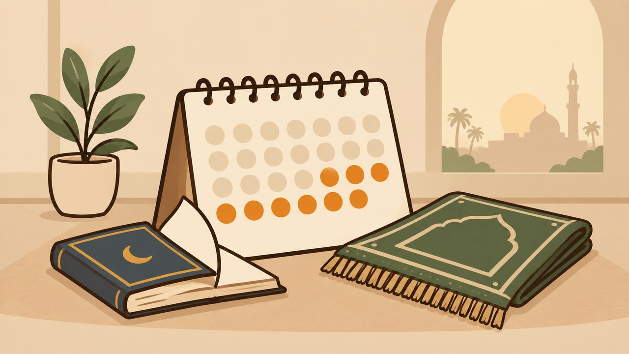 A calendar with completed prayer markers beside a folded prayer rug.
