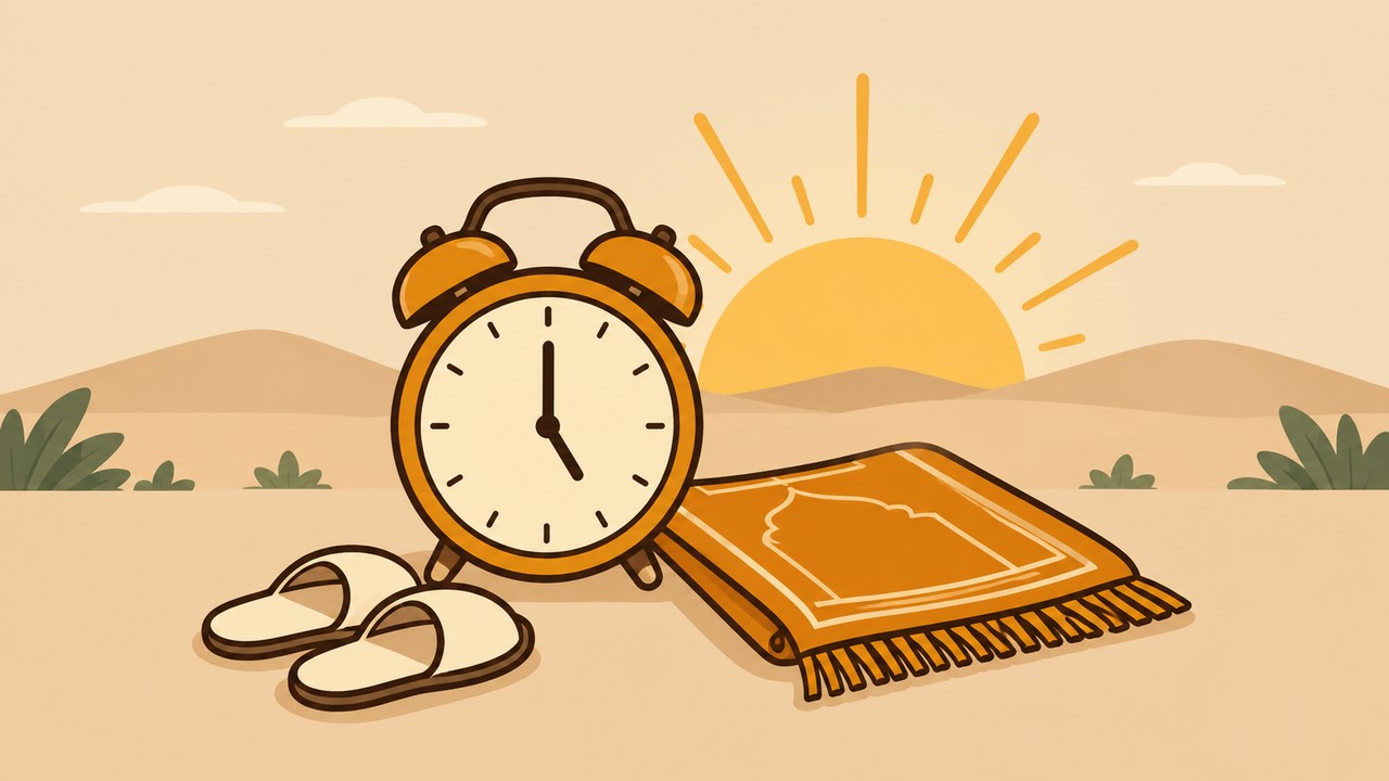 An alarm clock, sunrise and folded prayer rug ready for Fajr.