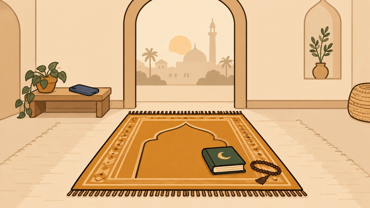 A prayer rug and book with a phone placed on a nearby shelf.