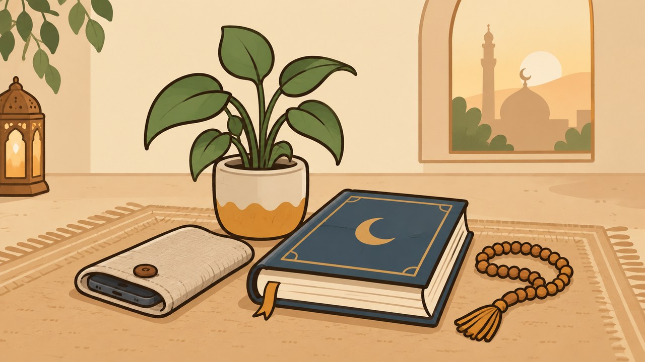 A phone set aside beside a book, prayer beads and a growing plant.