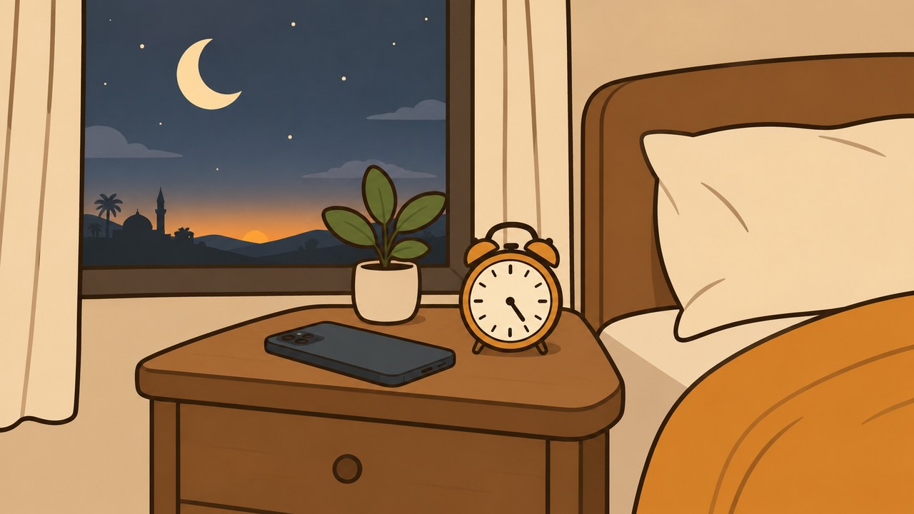 A phone and alarm clock beside a pillow between night and dawn.
