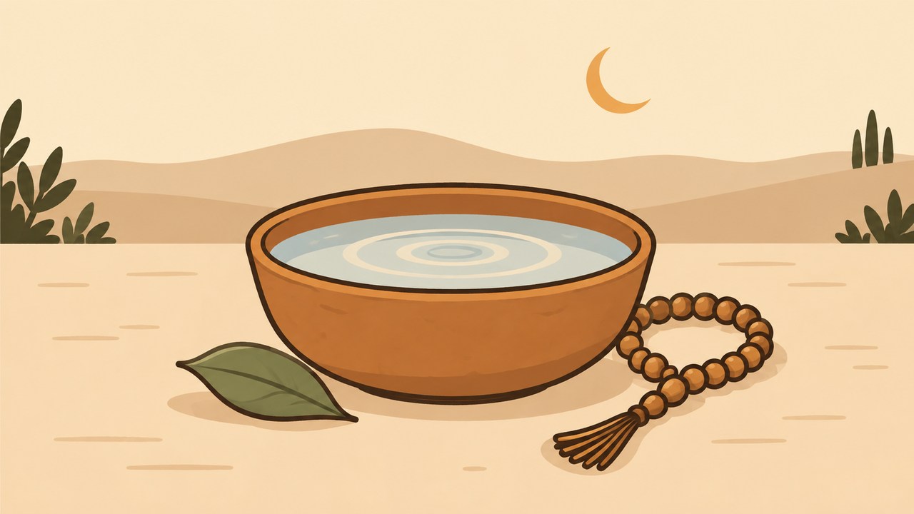A still bowl of water and prayer beads in a quiet desert scene.