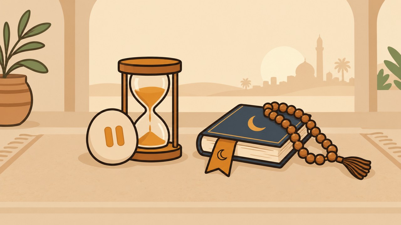 An hourglass and pause token beside a crescent-covered book and prayer beads.