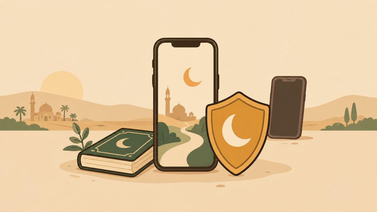 Two illustrated phones with a crescent shield and a closed book.