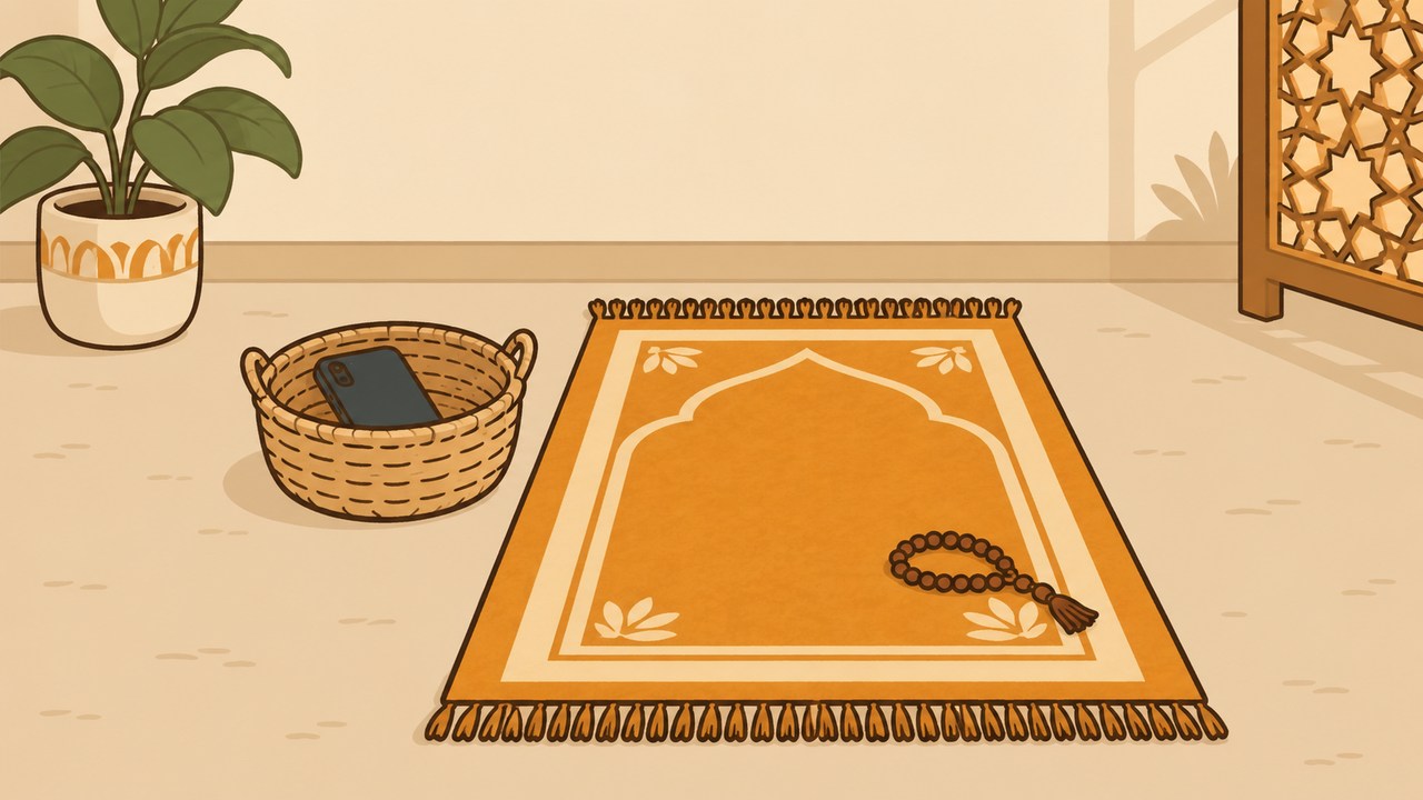 A phone resting in a woven basket beside a prayer rug and beads.