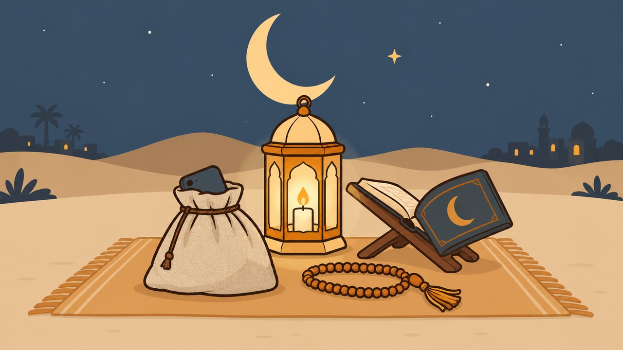 A crescent above a lantern, open book and prayer beads, with a phone in a linen pouch.