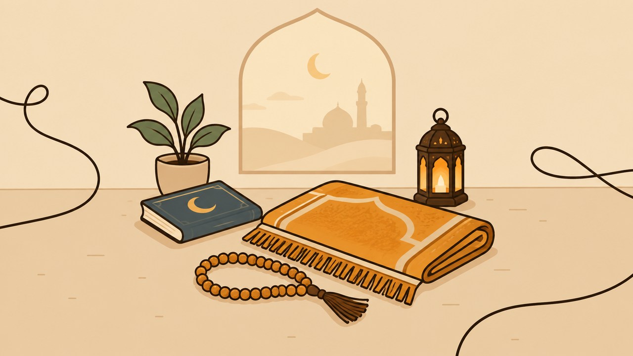 A folded prayer rug, prayer beads and a closed book surrounded by loose thought lines.