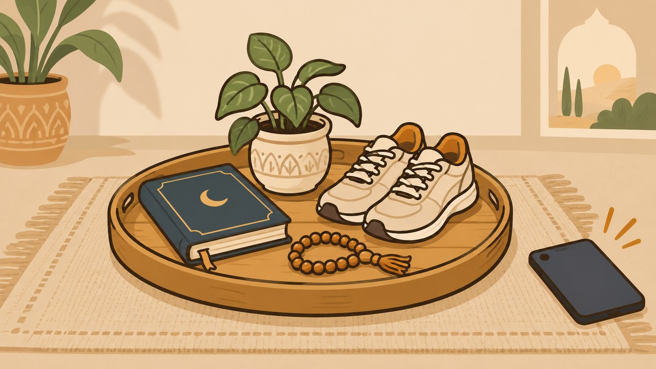 A book, prayer beads, plant and walking shoes on a tray, with a phone placed beside it.