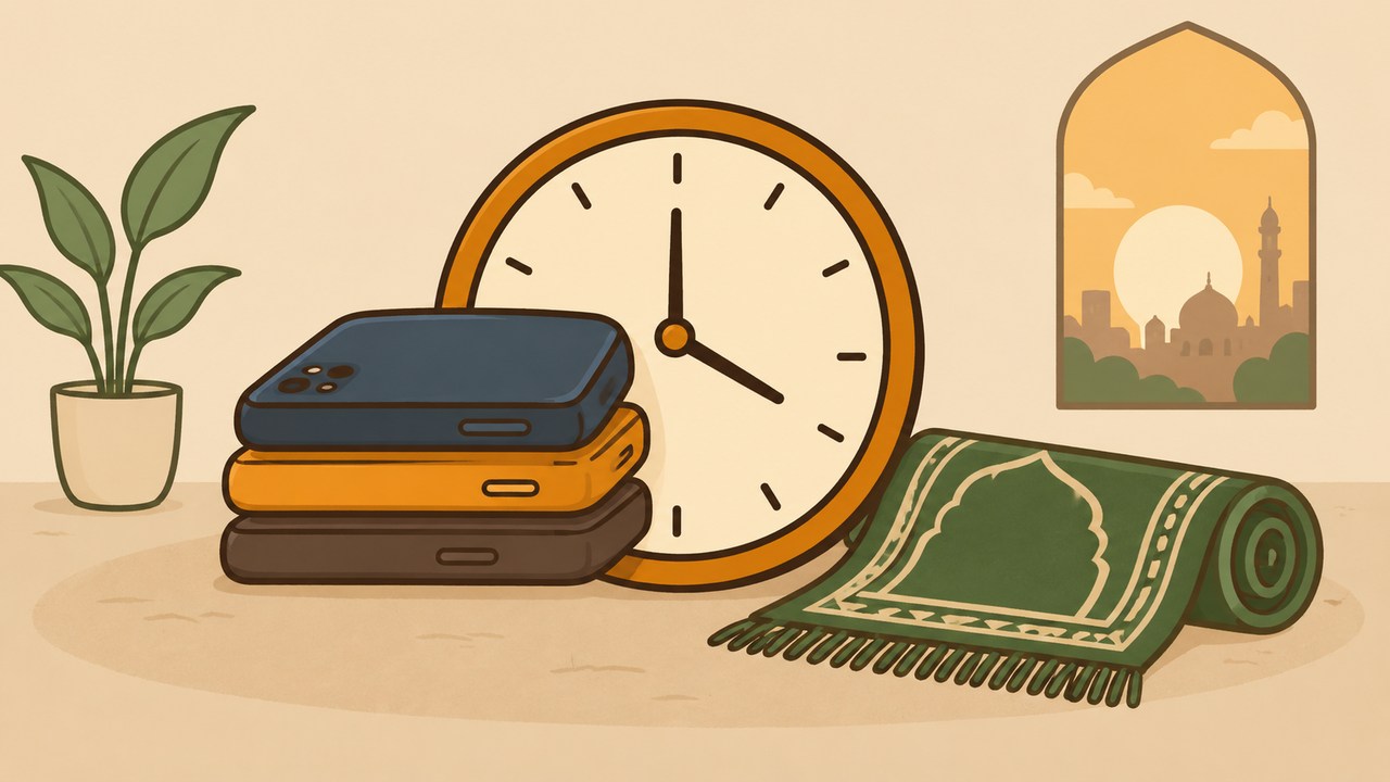 A clock partly hidden by a stack of phones beside a rolled prayer rug.