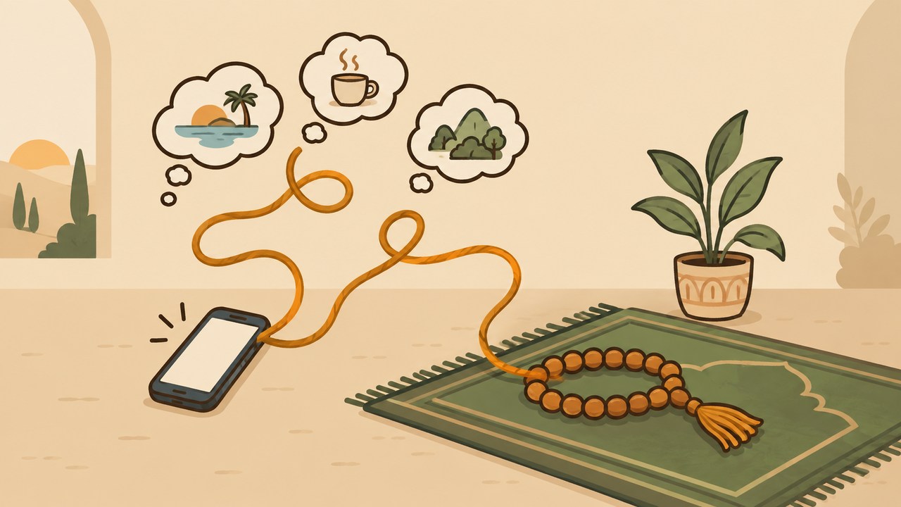 A winding thread connecting a phone to prayer beads on a rug beneath thought clouds.
