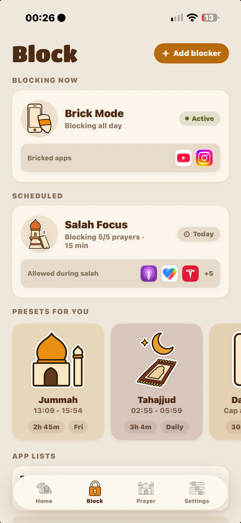 The Block tab with Brick Mode, Salah Focus, schedules and app lists