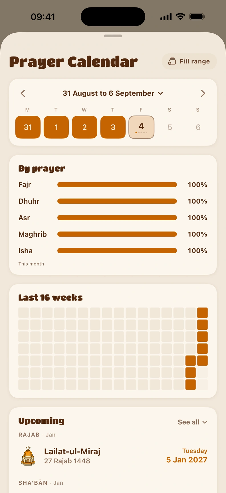 Prayer Calendar showing prayer history and consistency over the weeks