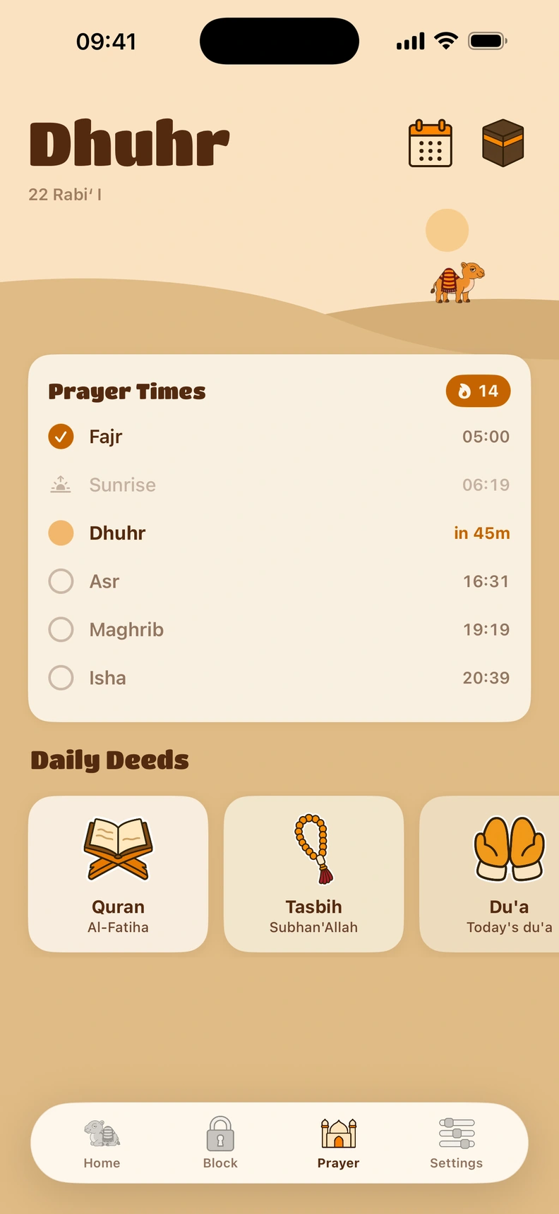 The Prayer tab with prayer times, Qibla and daily deeds