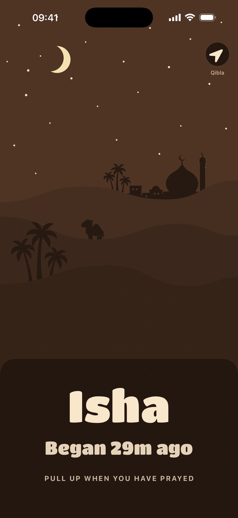Salah Focus at Isha, with the night desert and prayer confirmation screen
