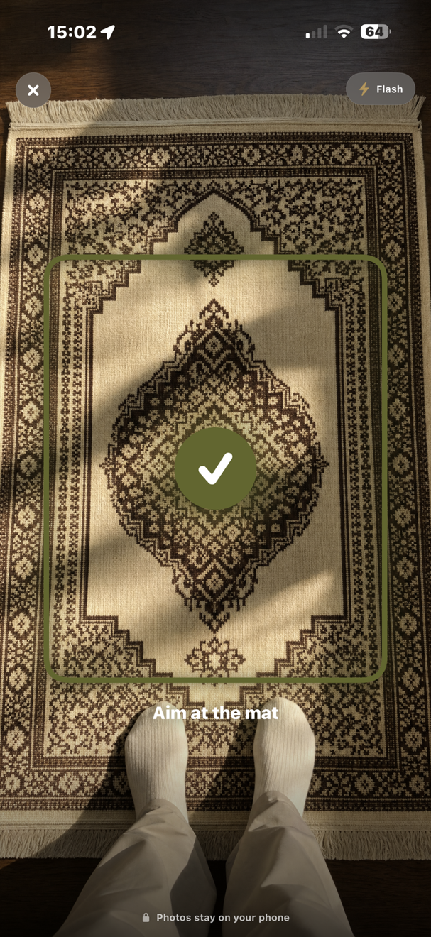 Sajda Mode camera verifying a prostration on the user&rsquo;s saved prayer mat