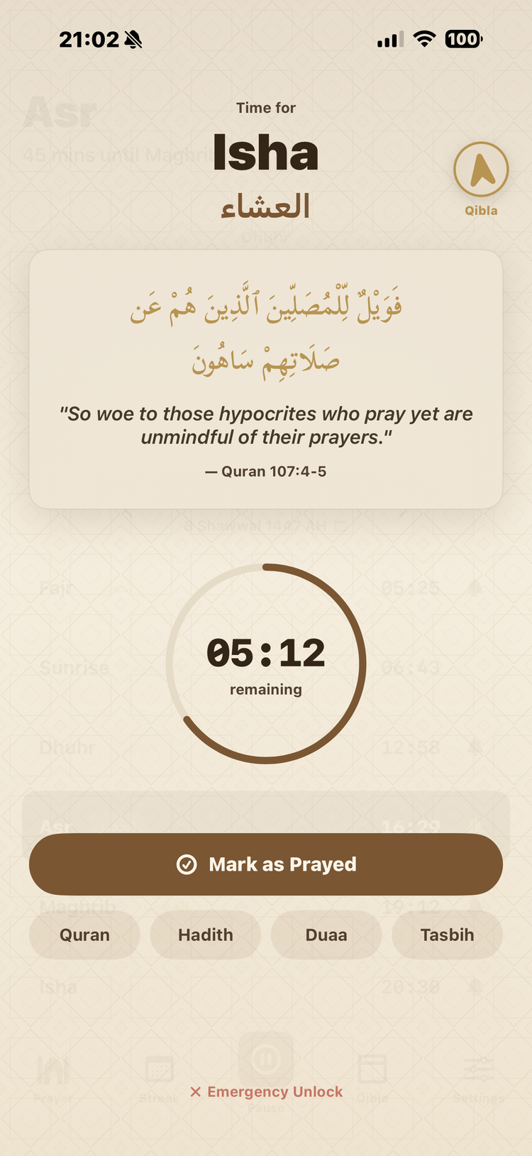 Prayer Pause blocking apps during Isha prayer time