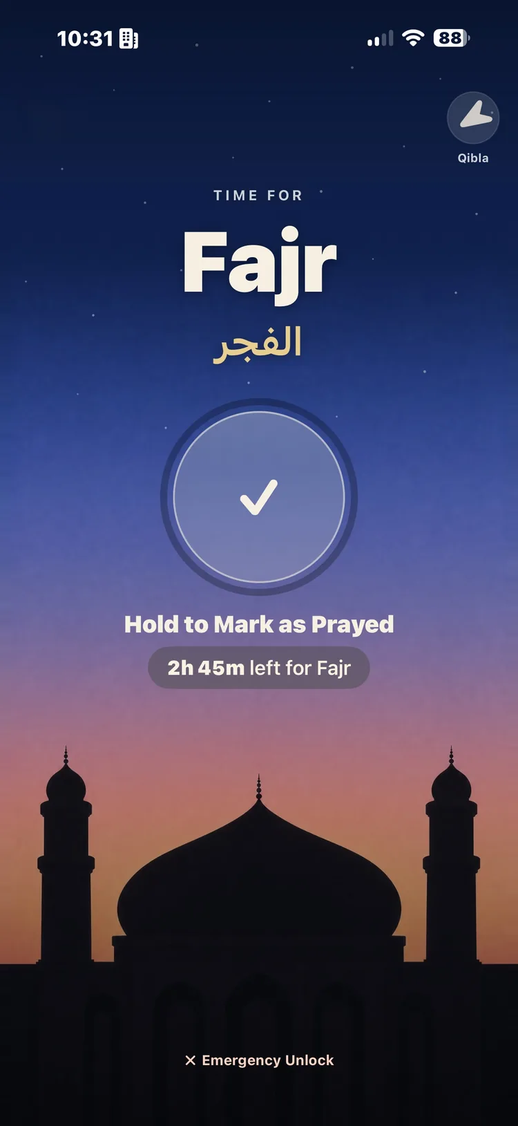 Salah Focus blocking screen: Time for Fajr over a night mosque, with Hold to Mark as Prayed