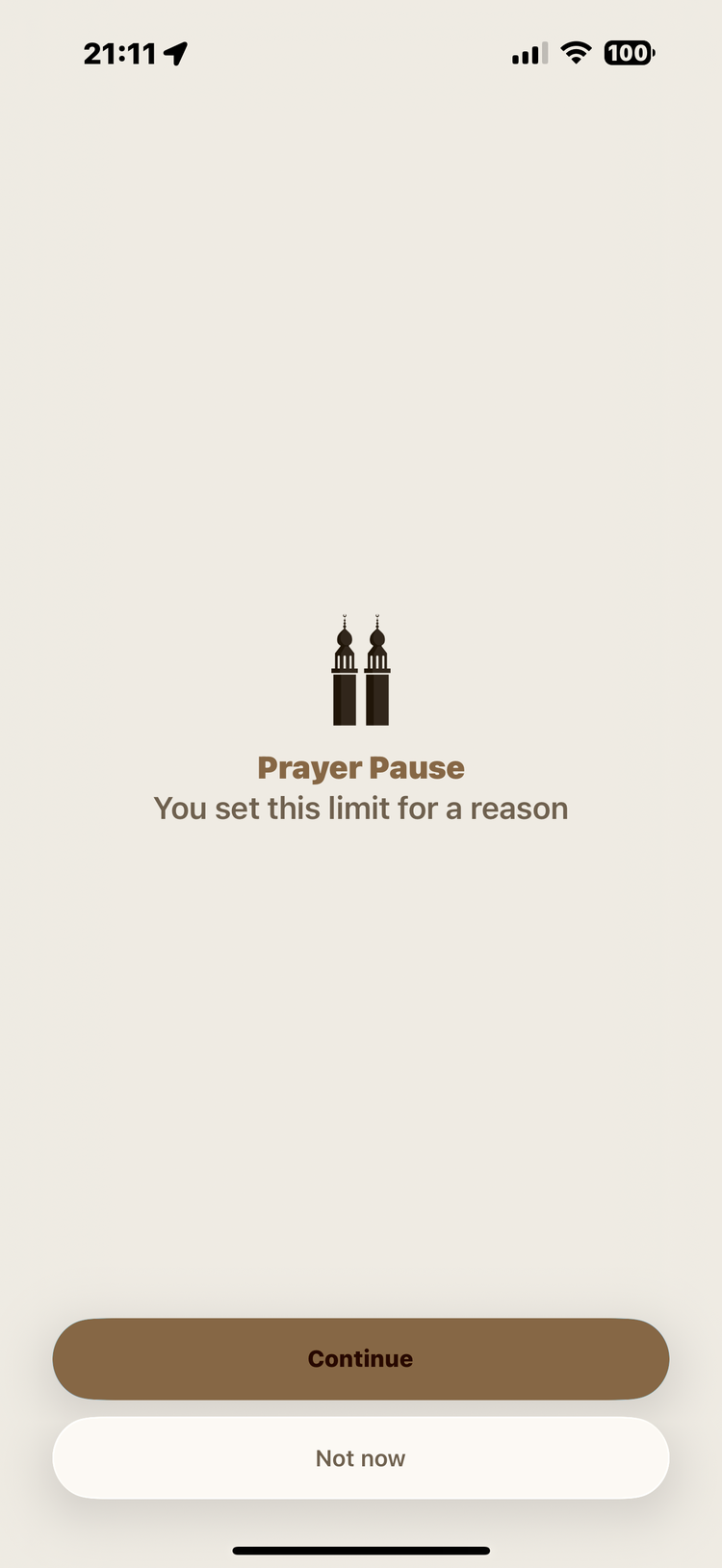 Prayer Pause showing screentime limit with motivational message