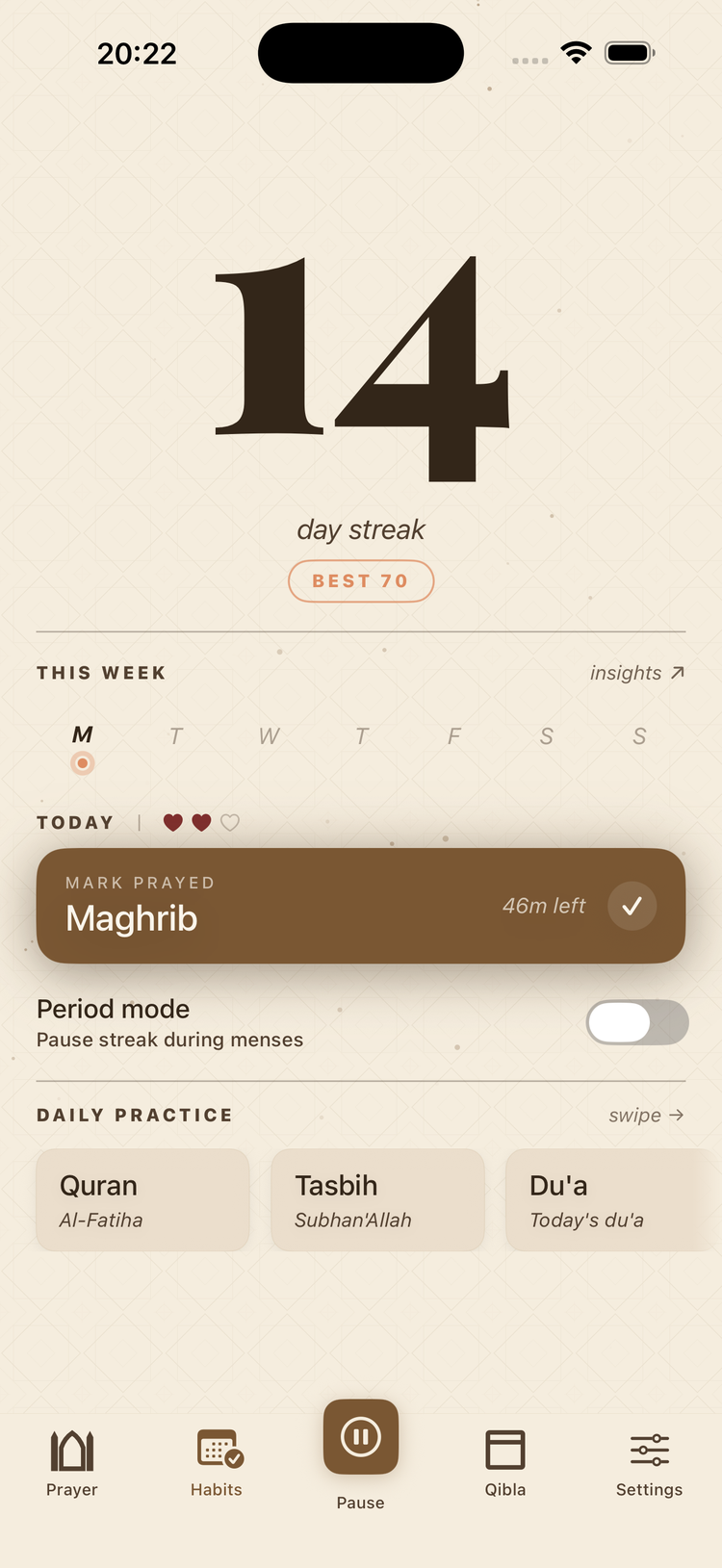Prayer Pause Habits screen with a 14-day prayer streak and daily practice